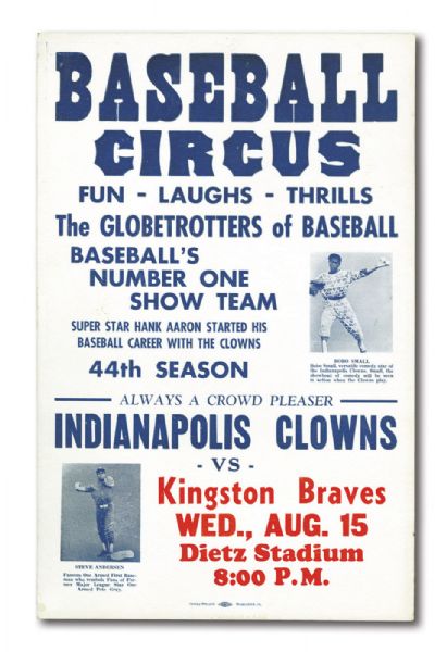 C.1960S INDIANAPOLIS CLOWNS "BASEBALL CIRCUS" ADVERTISING BROADSIDE AND PAIR OF UNUSED GAME TICKETS (NSM COLLECTION)