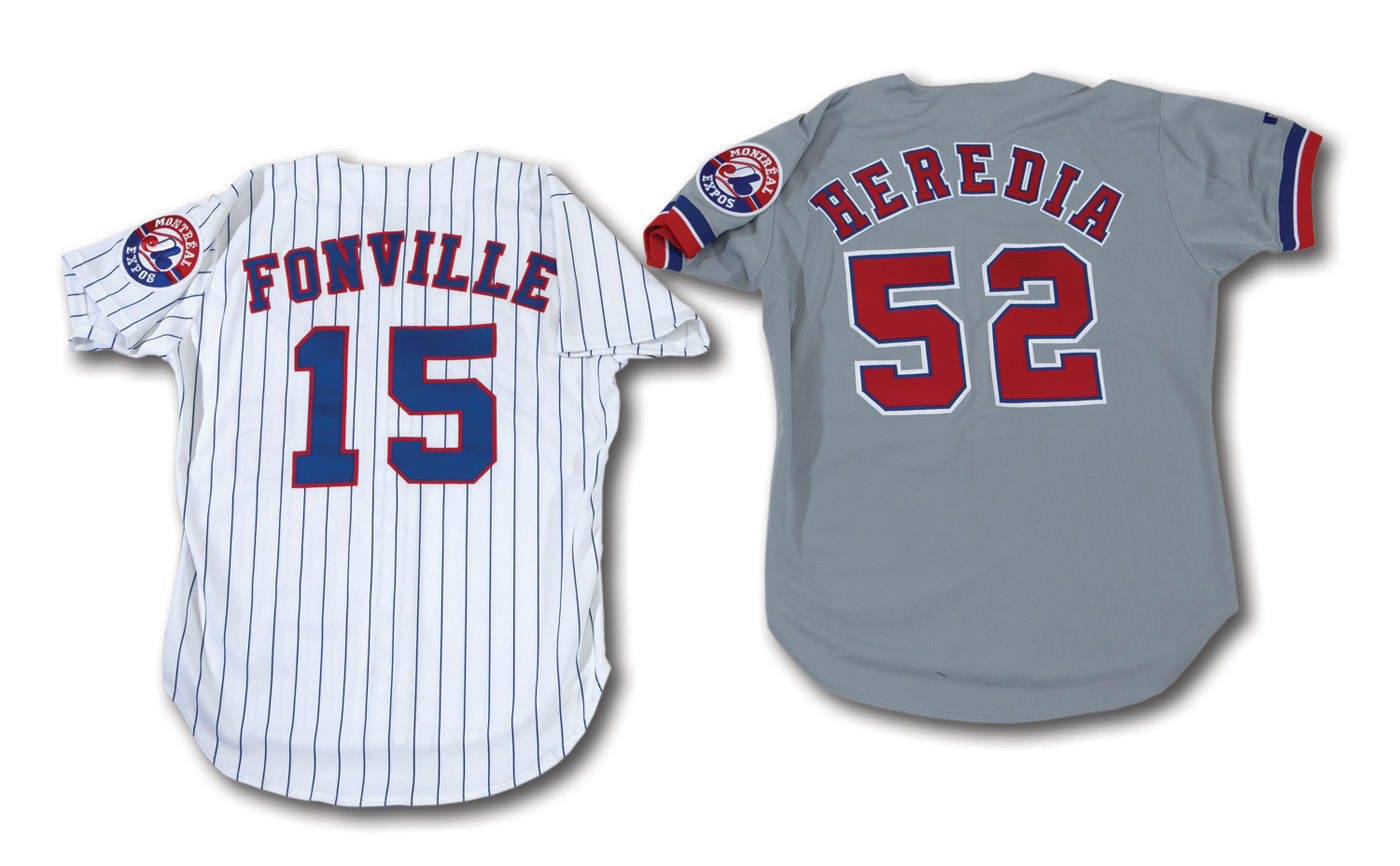 Lot Detail - 1995 GIL HEREDIA MONTREAL EXPOS GAME WORN ROAD JERSEY AND CHAD  FONVILLE EXPOS GAME READY HOME JERSEY