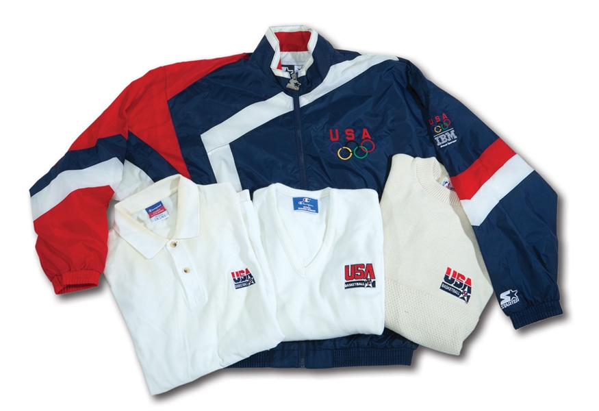 CHUCK DALYS 1992 USA BASKETBALL "DREAM TEAM" WARM-UP JACKET, (2) SWEATERS AND POLO SHIRT FROM BARCELONA OLYMPICS (DALY COLLECTION)