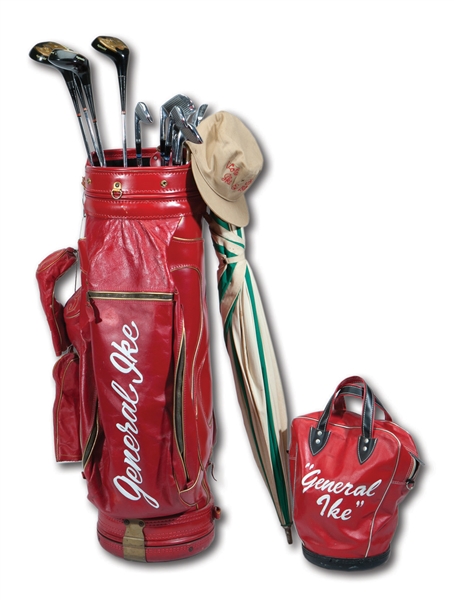 IMPORTANT 1960S DWIGHT D. EISENHOWER USED CUSTOM GOLF BAG AND FULL SET OF SPECIALLY ENGRAVED "GENERAL IKE" SPALDING CLUBS (SERIAL "1AAAAAA") KEPT AT AUGUSTA WITH AUGUSTA SOURCE PROVENANCE