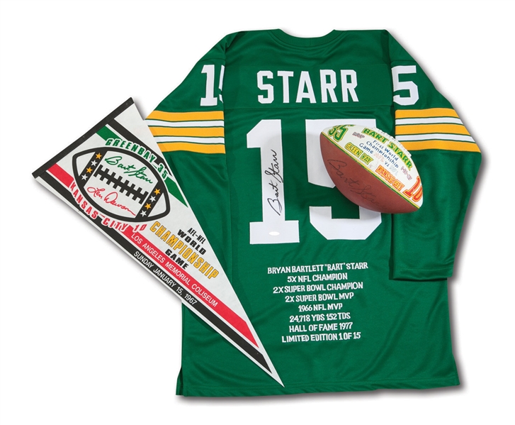BART STARR SIGNED PAIR OF GREEN BAY PACKERS STATS JERSEY AND "SUPER BOWL I MVP" PAINTED FOOTBALL PLUS SUPER BOWL I PENNANT