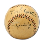 SPECTACULAR BABE RUTH, LOU GEHRIG, TY COBB AND TONY LAZZERI SIGNED OAL (JOHNSON) BASEBALL WITH FASCINATING COBB PROVENANCE