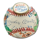 STUNNING MICKEY MANTLE, WILLIE MAYS AND DUKE SNIDER TRIPLE-SIGNED CHARLES FAZZINO ORIGINAL HAND-PAINTED BASEBALL ALSO SIGNED BY ARTIST (1 OF 1)