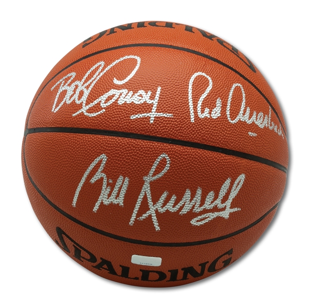 BOSTON CELTICS LEGENDS TRIPLE SIGNED BASKETBALL WITH BILL RUSSELL, BOB COUSY, AND RED AUERBACH