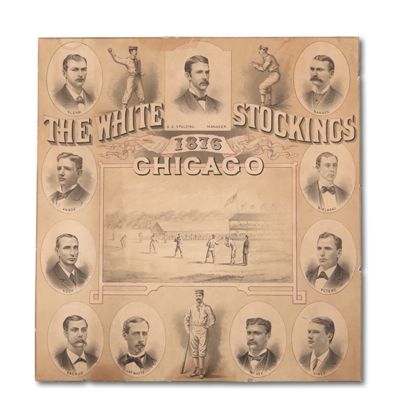 RARE AND EXCEPTIONAL 1876 CHICAGO WHITE STOCKINGS LARGE FORMAT PRINT WITH TEAM COMPOSITE IMAGES INCL. SPALDING AND ANSON