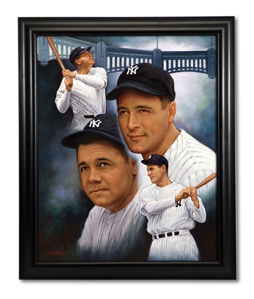BABE RUTH AND LOU GEHRIG ORIGINAL 29" X 35" OIL ON CANVAS FRAMED PAINTING BY ARTIST DOO S. OH