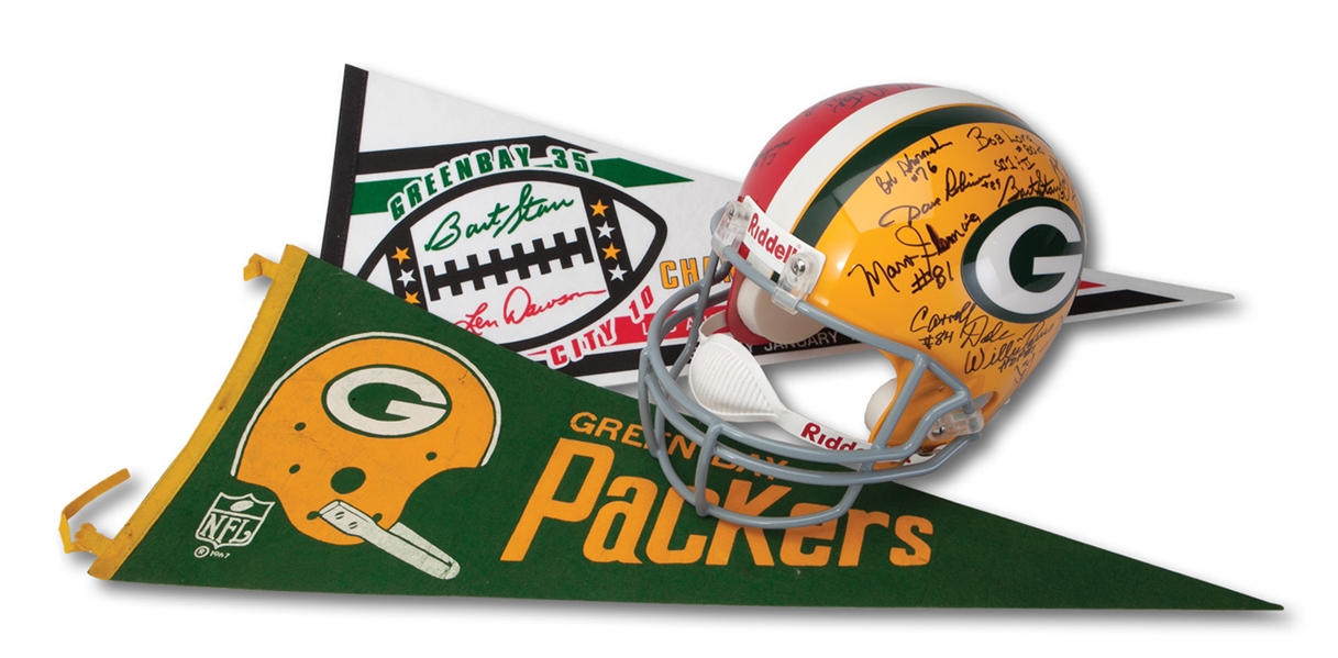 1966 GREEN BAY PACKERS WORLD CHAMPION TEAM SIGNED (31 TOTAL) SUPER BOWL I PACKERS/CHIEFS REPLICA HELMET PLUS (2) PENNANTS