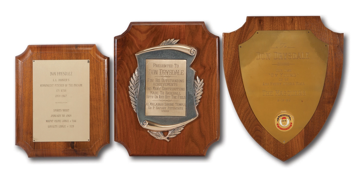 DON DRYSDALES TRIO OF 1965-69 BASEBALL AWARD PLAQUES FROM LOCAL SOUTHERN CALIFORNIA ORGANIZATIONS (DRSYDALE COLLECTION)