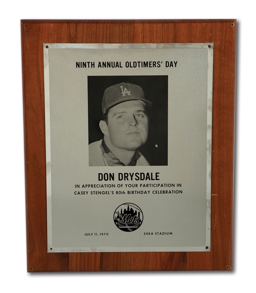 DON DRYSDALES JULY 11, 1970 APPRECIATION PLAQUE FOR PARTICIPATING IN CASEY STENGELS 80TH BIRTHDAY CELEBRATION AT SHEA STADIUM (DRYSDALE COLLECTION)