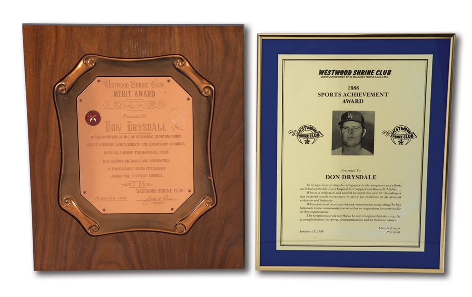 DON DRYSDALES PAIR OF WESTWOOD SHRINE CLUB AWARDS INCLUDING 1965 MERIT AWARD PLAQUE (DRYSDALE COLLECTION)