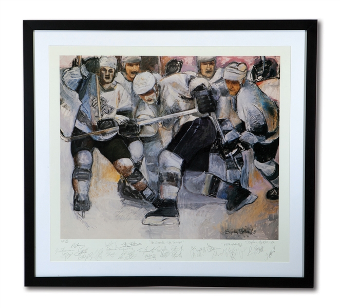 1991-92 LOS ANGELES KINGS TEAM SIGNED STEPHEN HOLLAND 23 X 27 LITHOGRAPH (AP #24/100) ALSO SIGNED BY ARTIST (NSM COLLECTION)