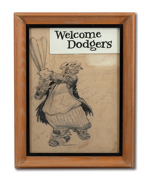 DON DRYSDALES CIRCA 1950S WILLARD MULLIN ORIGINAL ARTWORK OF BROOKLYN BUM SIGNED BY SEVERAL DODGERS (DRYSDALE COLLECTION)