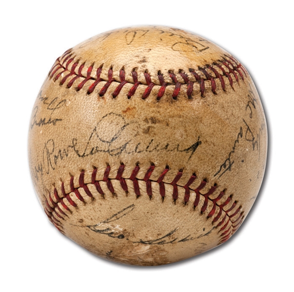 1936 NEW YORK YANKEES WORLD CHAMPION OAL (HARRIDGE) BASEBALL SIGNED BY (19) INCL. GEHRIG, LAZZERI AND TWO DETROIT TIGERS