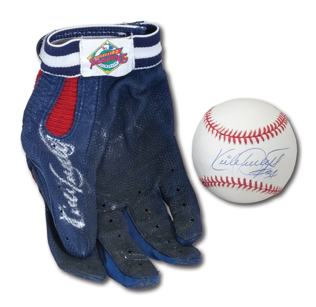 KIRBY PUCKET 1992 GAME USED & SIGNED FRANKLIN PUCKETT BATTING GLOVE AND SINGLE SIGNED BASEBALL PAIR