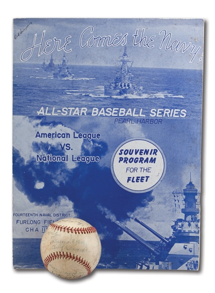 OCT. 6, 1945 NAVY ALL-STAR BASEBALL SERIES (AMERICAN VS. NATIONAL LEAGUE) PROGRAM AND TEAM SIGNED GAME USED BASEBALL W/ STAN MUSIAL (SCHEFFING COLLECTION)