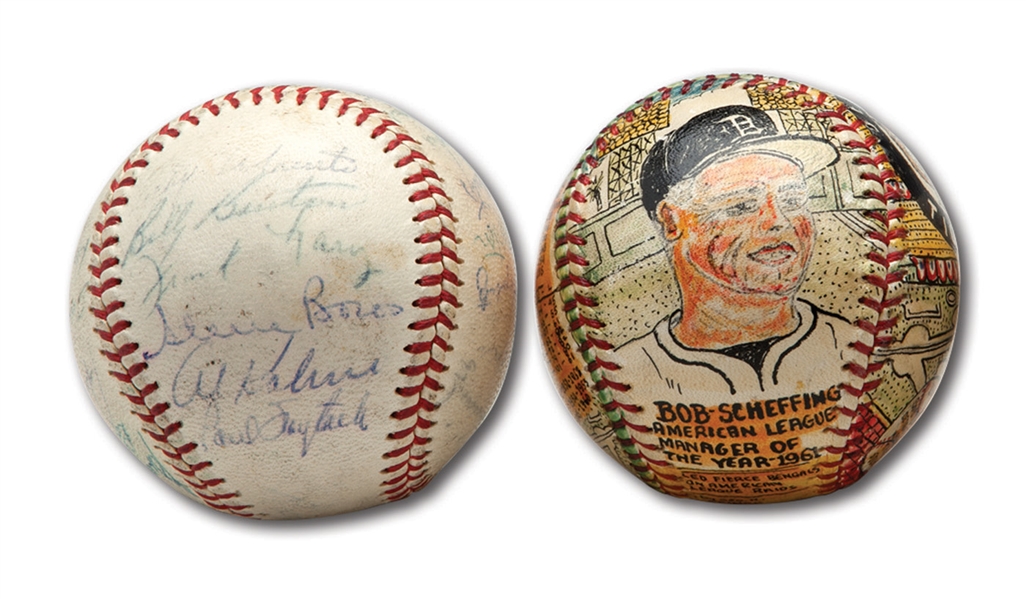 1961 MANAGER OF THE YEAR BOB SCHEFFING HAND PAINTED BASEBALL BY GEORGE SOSNAK PLUS A 1961 DETROIT TIGERS TEAM SIGNED BASEBALL (SCHEFFING COLLECTION)