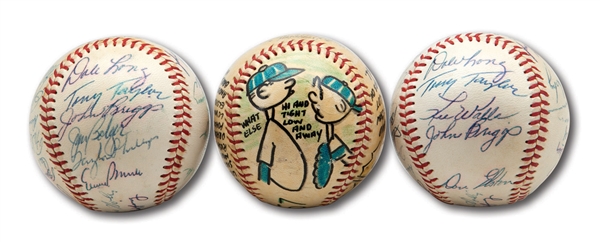 1958 CHICAGO CUBS PAIR OF TEAM SIGNED BASEBALLS PLUS 1957 CHICAGO CUBS CARTOON BASEBALL (SCHEFFING COLLECTION)