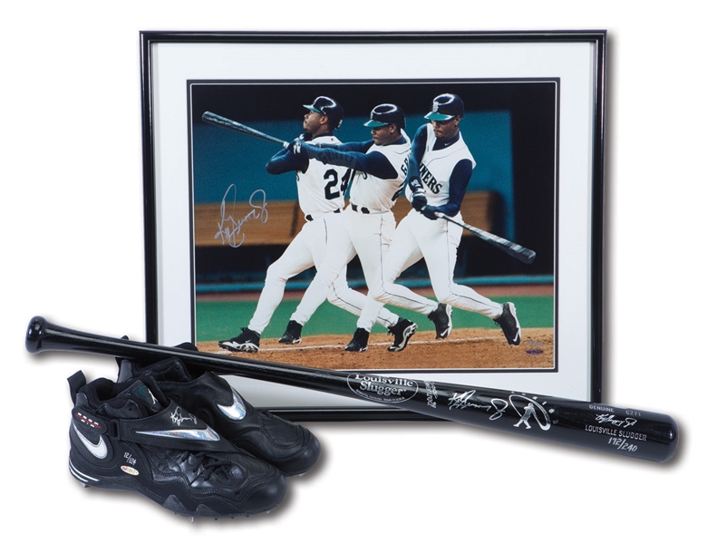 KEN GRIFFEY JR. SIGNED  UDA LIMITED EDITION TRIO OF SWINGMAN BAT (172/240), SHOES (12/240), AND 21 X 25 PHOTO (126/250)