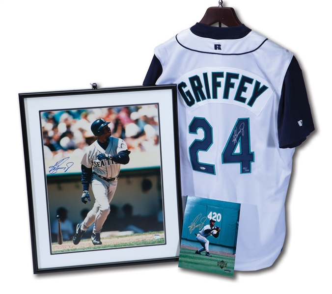 KEN GRIFFEY JR. SIGNED UDA LIMITED EDITION TRIO OF ALTERNATE JERSEY (45/500), 21 X 25 PHOTO (85/250), AND 8 X 10 PHOTO (66/250)