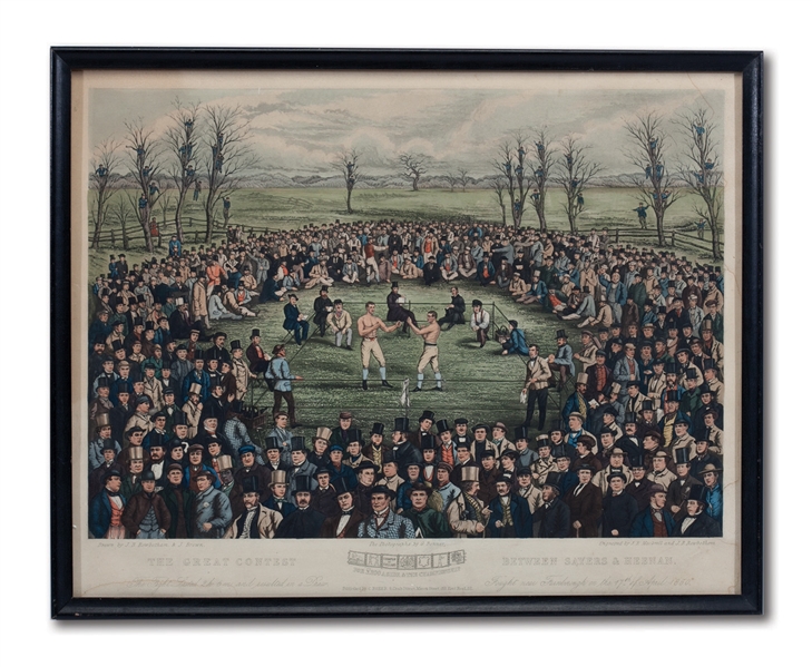 BEAUTIFUL FRAMED FULL COLOR VINTAGE PRINT OF THE APRIL 17, 1860 WORLD TITLE BOXING MATCH FIGHT BETWEEN AMERICAN JOHN HEENAN AND ENGLISHMAN TOM SAYERS