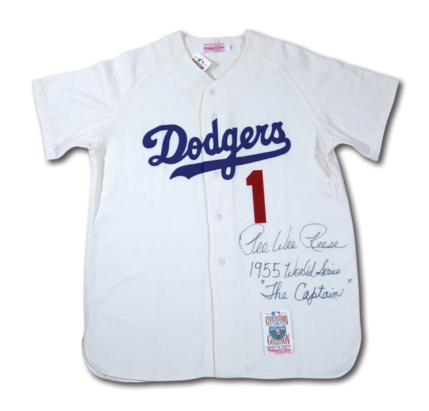 PEE WEE REESE SIGNED AND INSCRIBED BROOKLYN DODGERS REPLICA HOME JERSEY