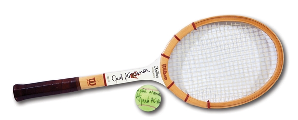 EARLY 1980S JACK KRAMER AUTOGRAPHED WILSON WOOD RACQUET PLUS SIGNED & INSCRIBED COVER AND TENNIS BALL (NSM COLLECTION)