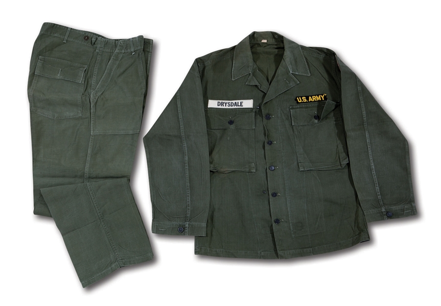 DON DRYSDALES SET OF 1957-58 U.S. ARMY FATIGUE SHIRT AND PANTS (DRYSDALE COLLECTION)