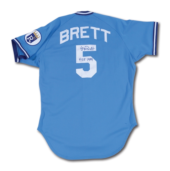 1987 GEORGE BRETT AUTOGRAPHED KANSAS CITY ROYALS GAME WORN ROAD JERSEY WITH PLAYER PROVENANCE