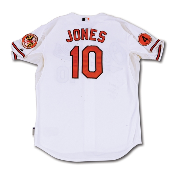 4/21/2013 ADAM JONES SIGNED & INSCRIBED BALTIMORE ORIOLES GAME WORN HOME JERSEY - HIT HOME RUN VS. DODGERS (MLB AUTH.)