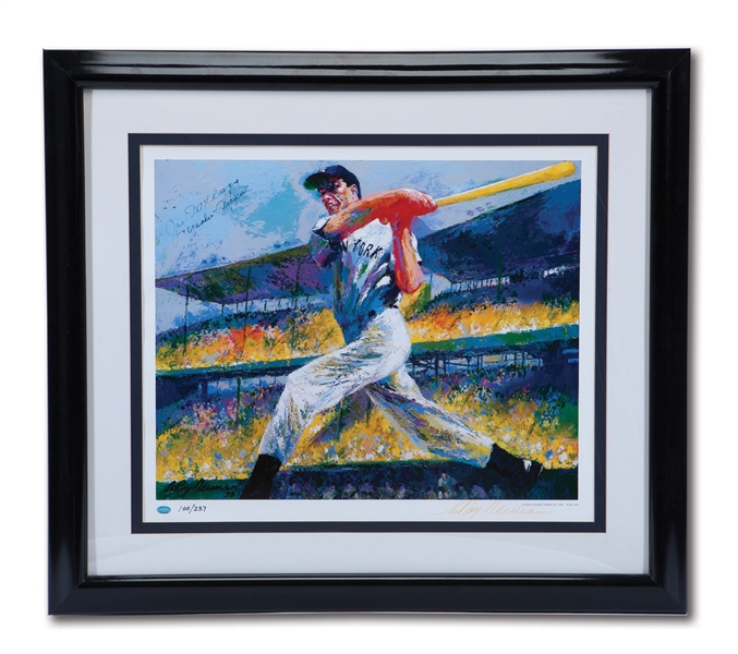 JOE DIMAGGIO AND LEROY NEIMAN DUAL SIGNED "YANKEE CLIPPER" 17.5 X 21.5 FRAMED LITHOGRAPH