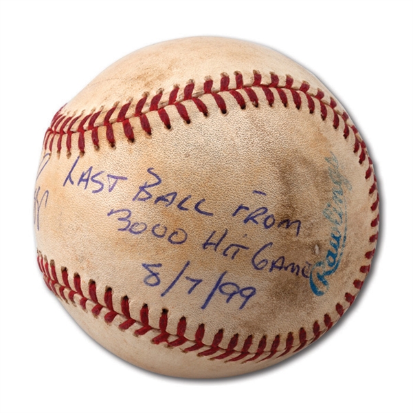 8/7/1999 WADE BOGGS SIGNED AND INSCRIBED GAME USED BASEBALL FOR THE FINAL OUT OF HIS 3,000 CAREER HIT GAME