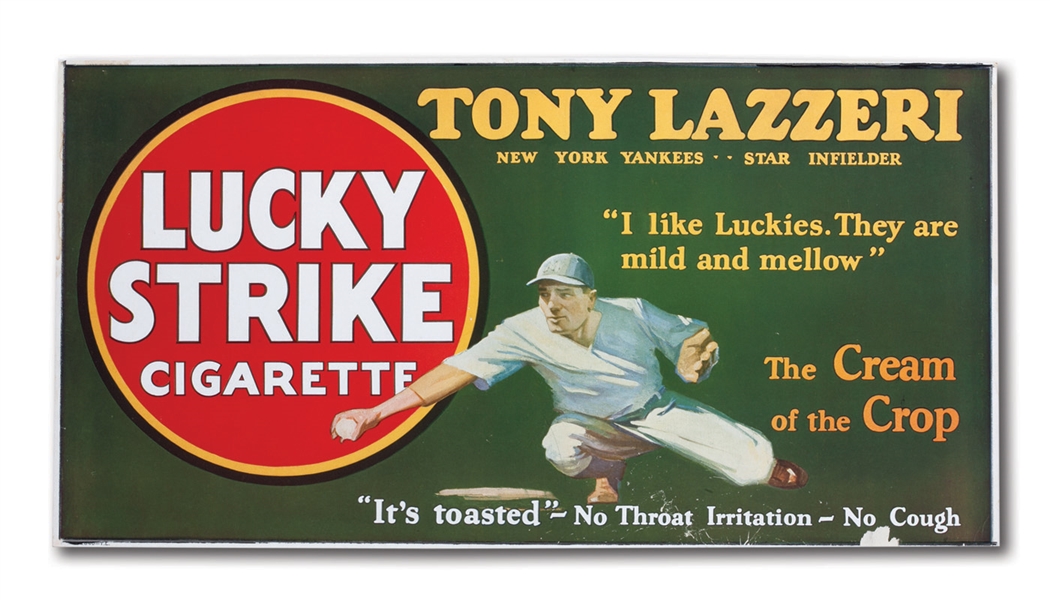 1928 TONY LAZZERI LUCKY STRIKE TROLLEY CAR ADVERTISING SIGN