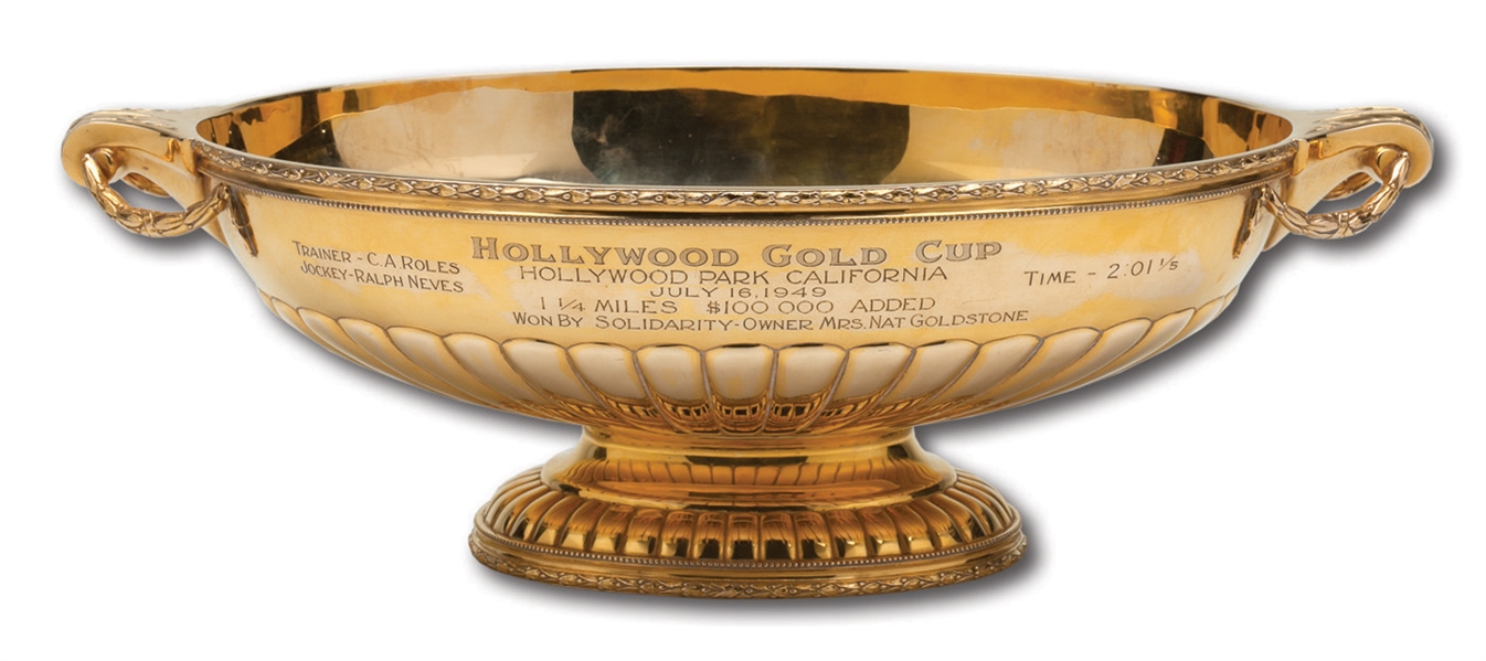 1949 HOLLYWOOD GOLD CUP WON BY SOLIDARITY RIDDEN BY HOF JOCKEY RALPH NEVES AT HOLLYWOOD PARK CALIFORNIA - 63.1 OUNCES OF SOLID 14K GOLD! 