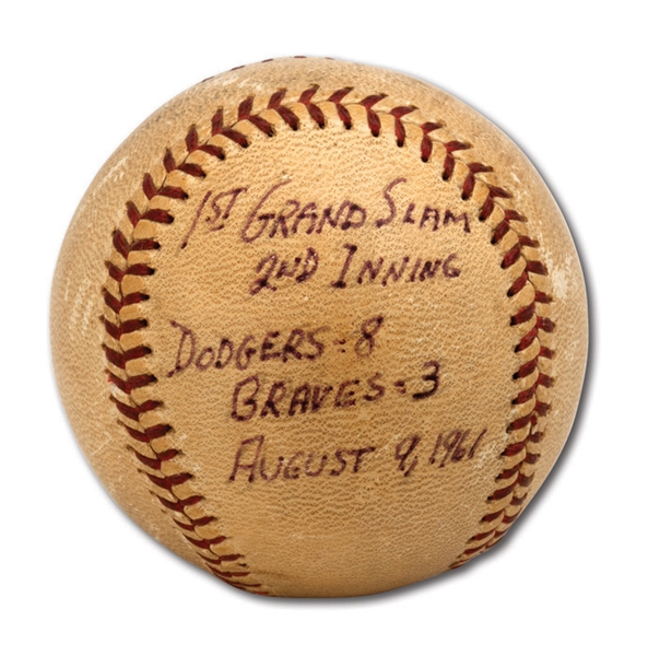 DON DRYSDALES 8/9/1961 GAME USED BASEBALL FROM GAME HE HIT HIS FIRST CAREER GRAND SLAM (DRYSDALE COLLECTION)