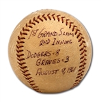 DON DRYSDALES 8/9/1961 GAME USED BASEBALL FROM GAME HE HIT HIS FIRST CAREER GRAND SLAM (DRYSDALE COLLECTION)