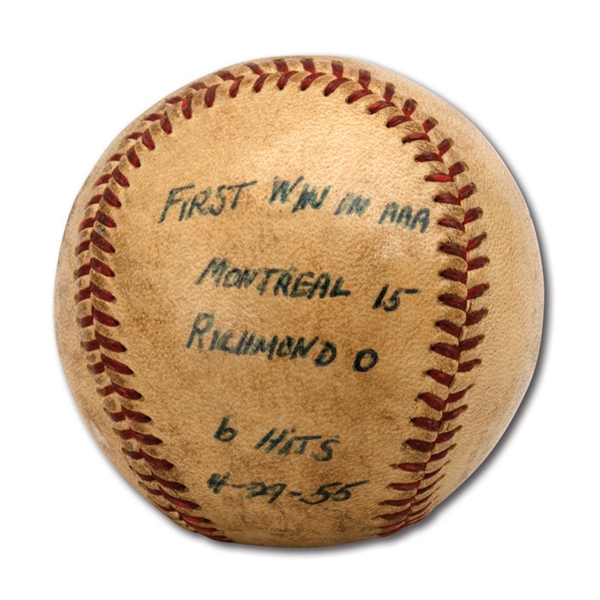 DON DRYSDALES 4/27/1955 GAME USED BASEBALL FROM HIS FIRST INTERNATIONAL LEAGUE (AAA) WIN WITH MONTREAL ROYALS (DRYSDALE COLLECTION)