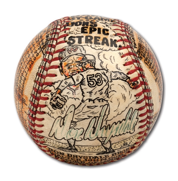 DON DRYSDALES SIGNED 58 2/3 SCORELESS INNING STREAK TRIBUTE BASEBALL HAND PAINTED BY GEORGE SOSNAK WITH "GAME-BY-GAME DONS EPIC STREAK" NOTATION (DRYSDALE COLLECTION)