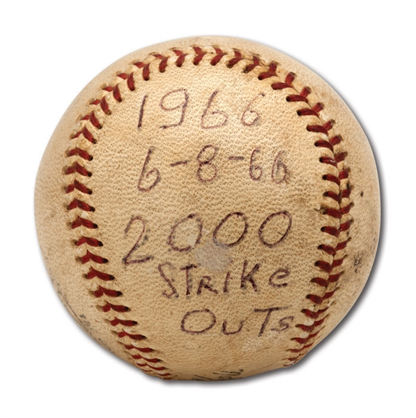 DON DRYSDALES 6/8/1966 GAME USED BASEBALL FROM GAME HE RECORDED 2,000TH CAREER STRIKE OUT (DRYSDALE COLLECTION)