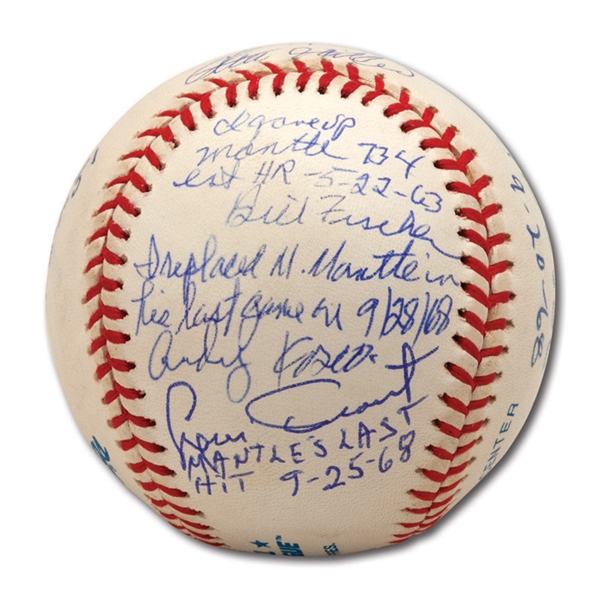 MICKEY MANTLE THEME BASEBALL SIGNED AND INSCRIBED BY 7 PITCHERS AND 1 PLAYER INVOLVED IN SIGNIFICANT EVENTS DURING MANTLES CAREER