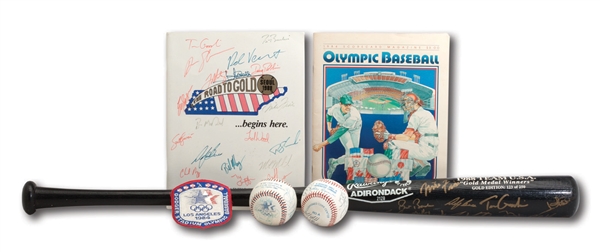 USA BASEBALL OLYMPIC LOT OF (6) FEATURING 1984 & 1988 TEAM SIGNED BASEBALLS AND 1988 TEAM SIGNED BAT & PROGRAM (NSM COLLECTION)