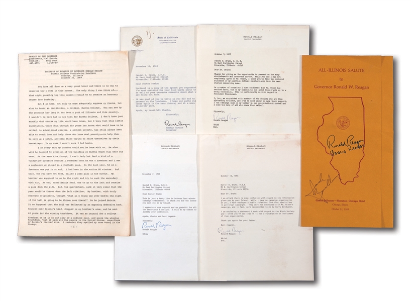 RONALD REAGAN LATE 1960S LOT OF (4) TSL AS GOVERNOR OF CALIFORNIA PLUS ONE SIGNED PAMPHLET W/ TYPED COPY OF SPEECH FOR THAT EVENT