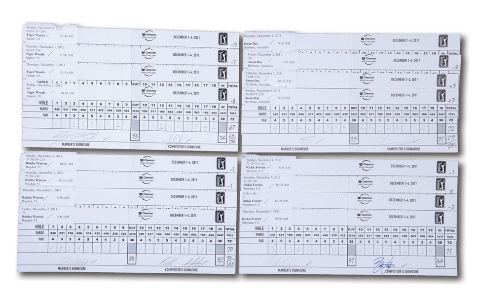 2011 CHEVRON WORLD CHALLENGE COMPLETE SET OF SIGNED OFFICIAL SCORECARDS FROM ALL 18 PLAYERS INCLUDING DAY, FOWLER, BUBBA AND TIGER (TOURN. DIRECTOR LOA)