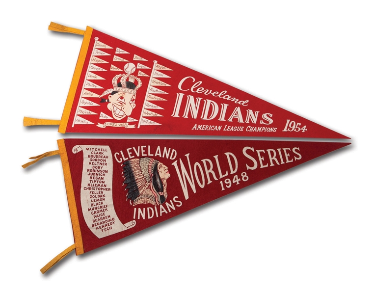 CLEVELAND INDIANS PAIR OF 1948 WORLD SERIES AND 1954 AMERICAN LEAGUE CHAMPION PENNANTS