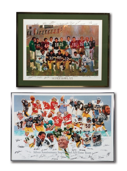 1986 SUPER BOWL XX LITHOGRAPH (LE 9/55) SIGNED BY 17 MVPS PLUS SILVER ANNIVERSARY SUPER BOWL ALL-TIME TEAM LITHOGRAPH SIGNED BY ARTIST