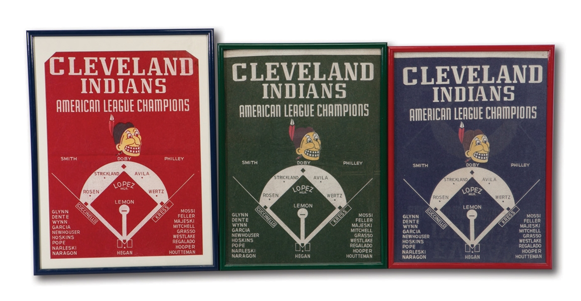 CLEVELAND INDIANS TRIO OF 1954 AMERICAN LEAGUE CHAMPION FELT BANNERS IN RED, BLUE & GREEN