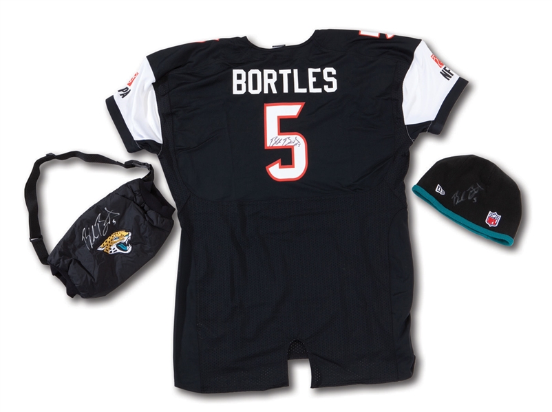 BLAKE BORTLES 2014 NFLPA ROOKIE PREMIERE WORN & SIGNED JERSEY PLUS 12/14/2014 (@BAL) GAME WORN & SIGNED BEANIE AND HAND WARMER (BORTLES L0A)