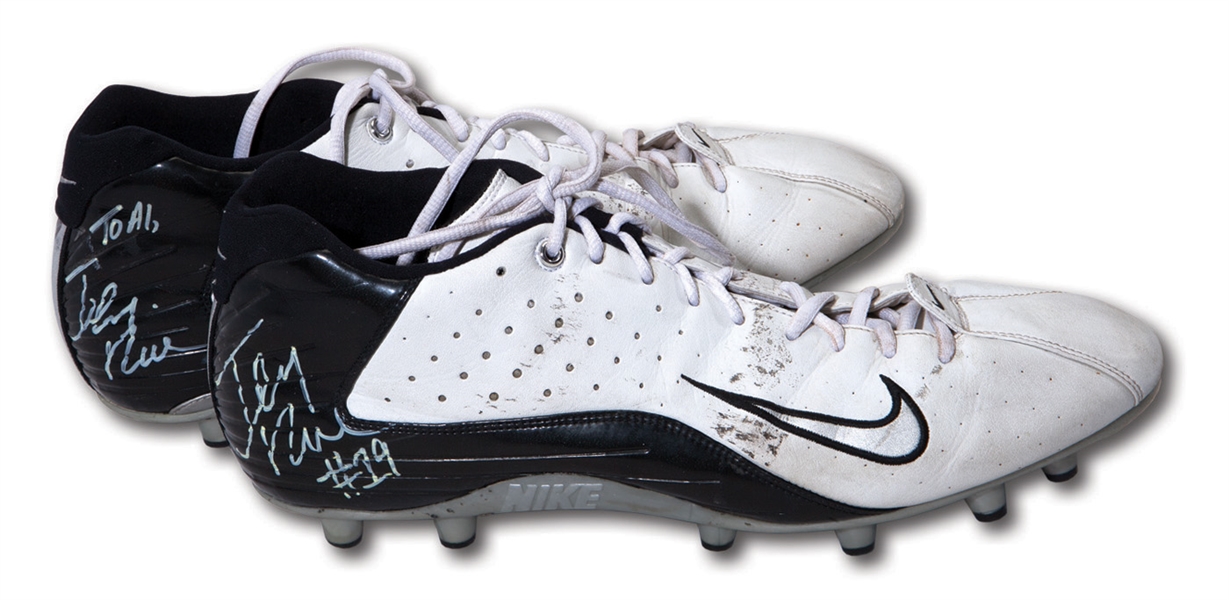 2005 JERRY RICE DENVER BRONCOS PRE-SEASON GAME WORN, SIGNED & INSCRIBED NIKE CLEATS - ONE OF LAST PAIRS HE EVER WORE