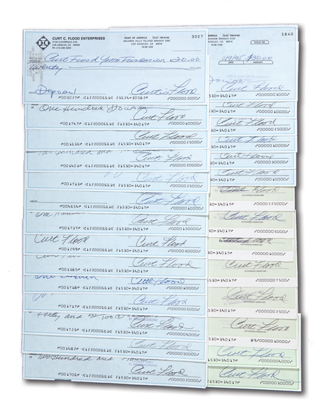 CURT FLOODS LOT OF (28) SIGNED PERSONAL BANK CHECKS FROM 1993-96 WITH THREE AUTOGRAPHS ON EACH (JUDY PACE FLOOD LOA)