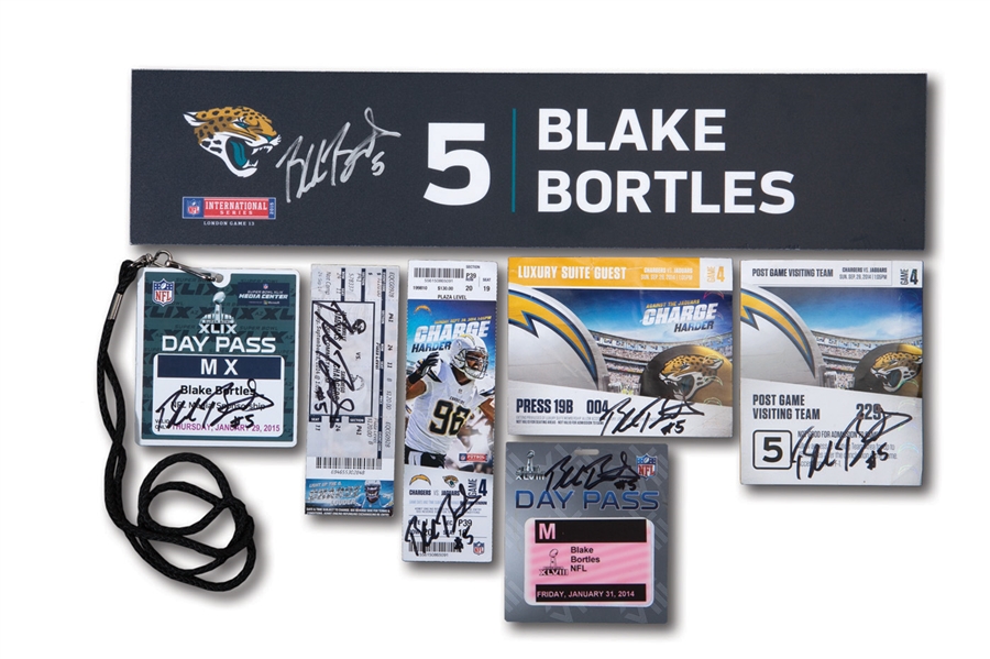 BLAKE BORTLES LOT OF (7) SIGNED ITEMS FEATURING HIS 10/25/2015 WEMBLAY STADIUM LOCKER TAG AND (2) SUPER BOWL DAY PASSES (BORTLES LOA)