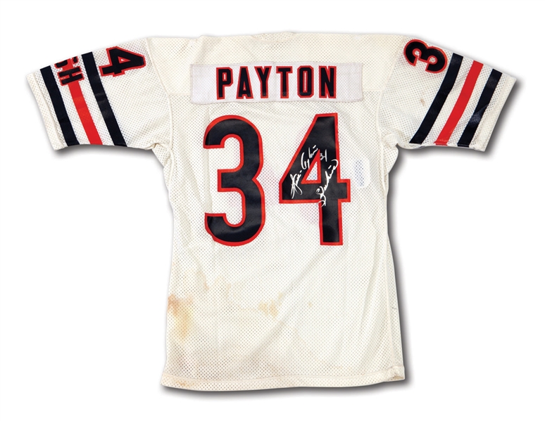 1984-87 WALTER PAYTON SIGNED & INSCRIBED CHICAGO BEARS GAME WORN JERSEY WITH GREAT WEAR (MEARS A8)